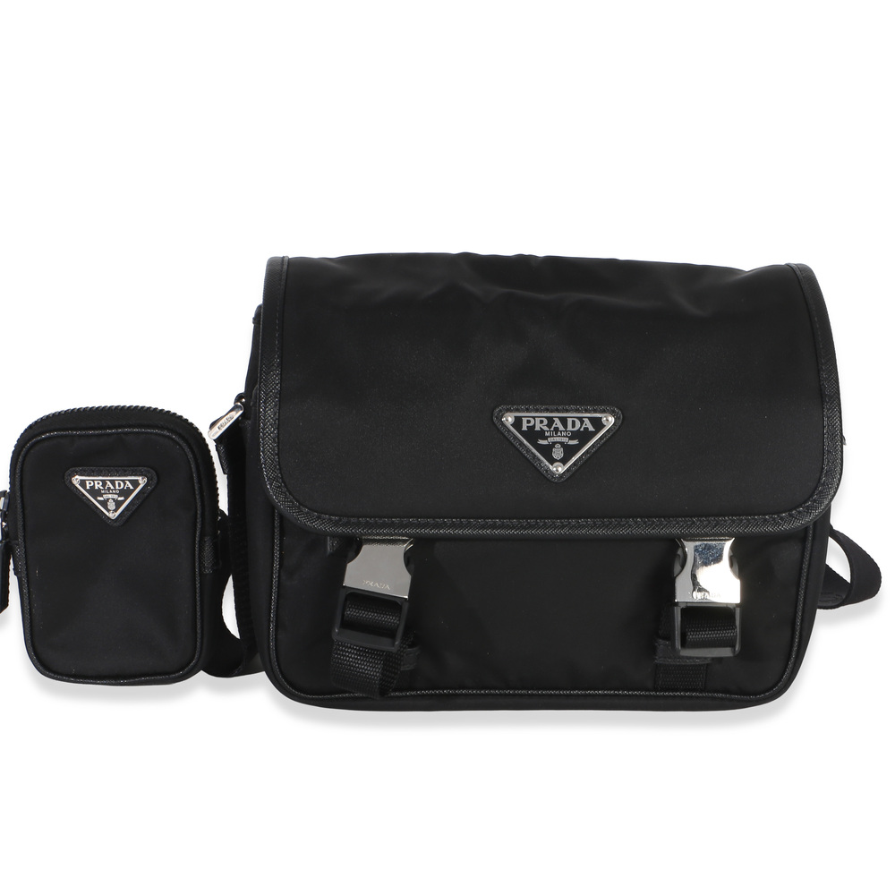 Prada Black Re-Nylon Saffiano Double Buckle Messenger Bag